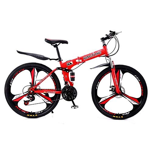 Folding Bike : 24 / 26 Inch Folding Mountain Bike for Adult Men and Women, 24 / 27 Speed Foldable Lightweight Bike with Disc Brake and Double Shock Absorption System, 24 Speed Red, 26 Inch