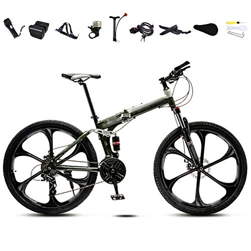 Folding Bike : 24-26 Inch MTB Bicycle, Unisex Folding Commuter Bike, 30-Speed Gears Foldable Mountain Bike, Off-Road Variable Speed Bikes for Men And Women, Double Disc Brake / Green / B wheel / 26