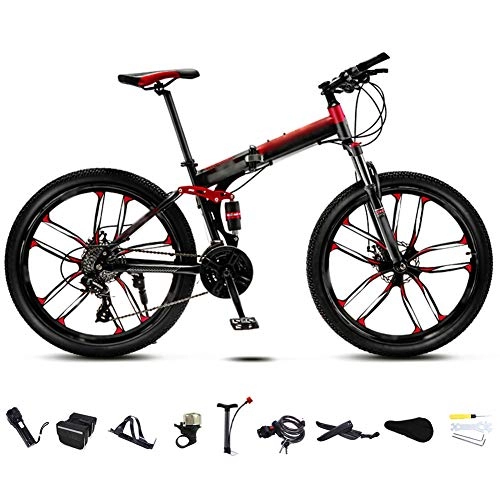 Folding Bike : 24-26 Inch MTB Bicycle, Unisex Folding Commuter Bike, 30-Speed Gears Foldable Mountain Bike, Off-Road Variable Speed Bikes for Men And Women, Double Disc Brake / Red / 26'' / C wheel