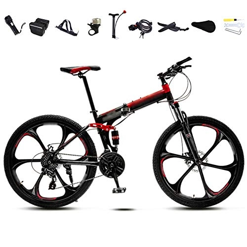 Folding Bike : 24-26 Inch MTB Bicycle, Unisex Folding Commuter Bike, 30-Speed Gears Foldable Mountain Bike, Off-Road Variable Speed Bikes for Men And Women, Double Disc Brake / Red / B wheel / 26