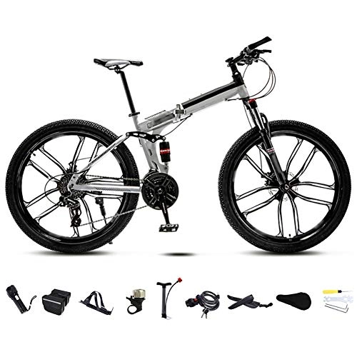 Folding Bike : 24-26 Inch MTB Bicycle, Unisex Folding Commuter Bike, 30-Speed Gears Foldable Mountain Bike, Off-Road Variable Speed Bikes for Men And Women, Double Disc Brake / white / 24'' / C wheel