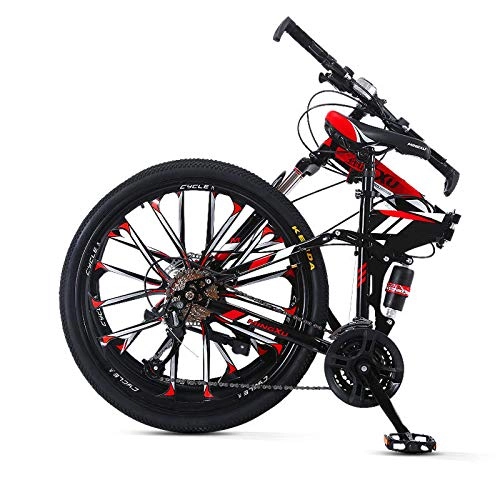 Folding Bike : 24 / 26-Inch Wheel Folding Mountain Bike for Adult, 10 Spoke 21 / 24 / 27 Speed Double Disc Brake, Full Suspension High Carbon Steel Anti-Slip MTB, 24inch, 21 speed