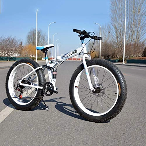 Folding Bike : 24" Folding Mountain Bike, 7 / 21 / 24 / 27 / 30 Speed Dual Suspension 4.0 Inch Wide Tire Bicycle Can Cycling On Snow, Mountains, Roads, Beaches, Etc, White, 7speed
