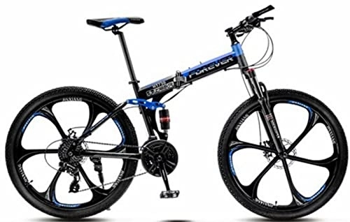 Folding Bike : 24 Inch Folding Bike Adult Mountain Bike with 21 Speed High Carbon Steel Framew, Anti-Slip Double Disc Brake Full Suspension Mountain Bicycle for Men &Amp; Women Outdoor Sports Blue, 24 inches