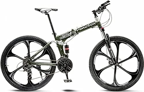 Folding Bike : 24 Inch Folding Bike Adult Mountain Bike with 21 Speed High Carbon Steel Framew, Anti-Slip Double Disc Brake Full Suspension Mountain Bicycle for Men &Amp; Women Outdoor Sports Green, 24 inches