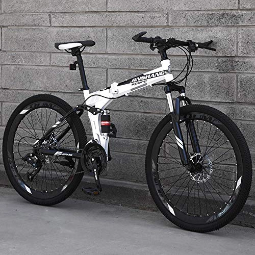Folding Bike : 24 inch folding mountain bike adult variable speed off-road road male and female student bike-White flower_21 speed_24 inches