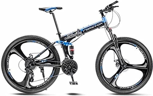 Folding Bike : 24 Inch Folding Mountain Bike for Teens, Mountain Bike Three Knife Wheel 21-Speed 24-Inch Wheel Double Disc Brake Full Suspension Anti-Slip Carbon Steel Frame MTB Bikes Blue, 24 inches