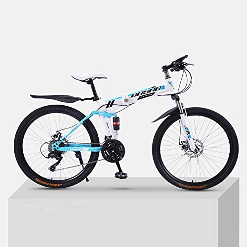 Folding Bike : 24-Inch Folding Mountain Bike, Full Suspension Bike, High Carbon Steel Frame, Double Disc Brakes, PVC Pedals And Rubber Grips, white and blue 27 shift