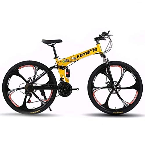 Folding Bike : 24 Inch Wheel Folding High-carbon Steel City Road Bicycle, Hybrid Commuter City Mountain Bike Yellow 27 Speed