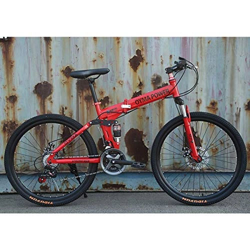 Folding Bike : 26" / 26inch Folding Mountain Bike, 21 / 24 / 27 speed, Unisex, Steel Frame Spoke wheel Integrated Wheel, Premium Full Suspension, Red, 21speed