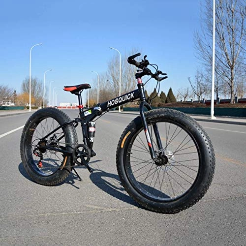 Folding Bike : 26" Folding Mountain Bike, 7 / 21 / 24 / 27 / 30 Speed Dual Suspension 4.0 Inch Wide Tire Bicycle Can Cycling On Snow, Mountains, Roads, Beaches, Etc, Black, 7speed