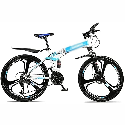 Folding Bike : 26 Inch Folding Mountain Bike for Men Women 21 / 24 / 27 / 30 Speed Bicycle MTB Lightweight Carbon Full Suspension Anti-Slip Steel Frame with Double Disc Brake, Blue, 30 Speed