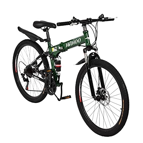 Folding Bike : 26 inch Folding Mountain Bikes with 21 Speed, Non-Slip Adults Mountain Bike High-Carbon Steel Mountain Bicycle with Double Disc Brakes and Full SuspensionUS Stock Bicycle Women (Green, One Size)