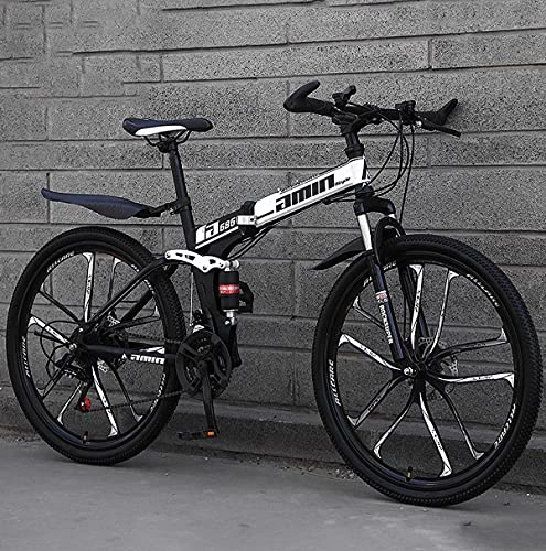 Folding Bike : 26 Inch Full Suspension Folding Mountain Bike, 21 / 24 / 27 / 30 Speed High-Tensile Carbon Steel Frame MTB, Dual Disc Brake Mountain Bicycle For Men And Women