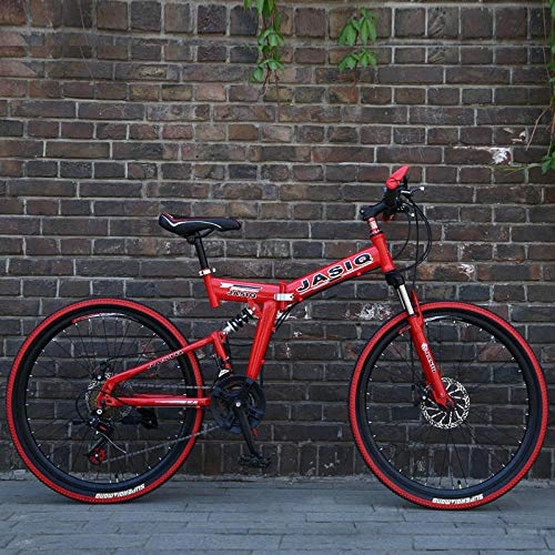Folding Bike : 26 inche 21 Speed Folding Mountain Bicycle Double disc Brake Bike New foldinge Suitable for Adults-F Red and Black_24inch_Russian Federation