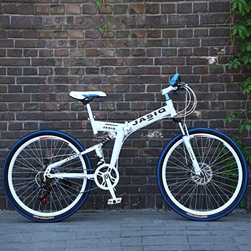 Folding Bike : 26 inche 21 Speed Folding Mountain Bicycle Double disc Brake Bike New foldinge Suitable for Adults-F White and Blue_24inch_Russian Federation