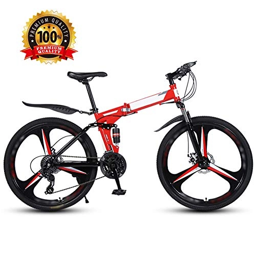 Folding Bike : 26 Inches Lightweight Folding MTB Bike, Foldable Unisex City Commuter Bicycles, Double Disc Brake, 27 Speed Off-road Mountain Bike / Red