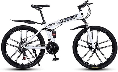 Folding Bike : 26In 24-Speed Mountain Bike For Adult, Lightweight Full Suspension Frame, Suspension Fork, Disc Brake (Color : White)