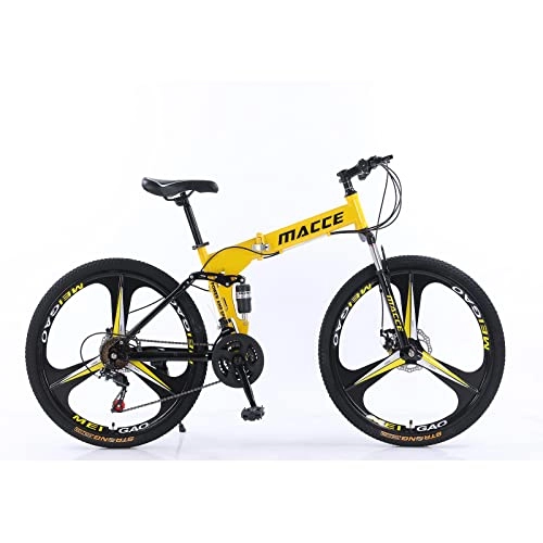 Folding Bike : 26inch 27 Speed Folding Mountain Bike high Carbon Steel, Full Suspension MTB Bike, Suitable for Adults, Double disc Brake Outdoor Mountain Bike, Men and Women (26inch for Height 160-185cm, Yellow)