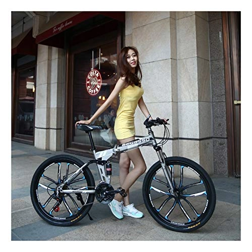 Folding Bike : 26Inch Mountain Bike Folding Bikes with High Carbon Steel Frame, Featuring 10 Spoke Wheels And 21 Speed, Double Disc Brake And Dual Suspension Anti-Slip Bicycles