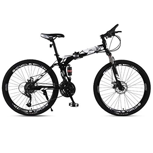 Folding Bike : 26inch Mountain Bikes, Foldable Hardtail Mountain Bicycles, Carbon Steel Frame, Dual Disc Brake and Dual Suspension (Color : Black+White, Size : 21 Speed)