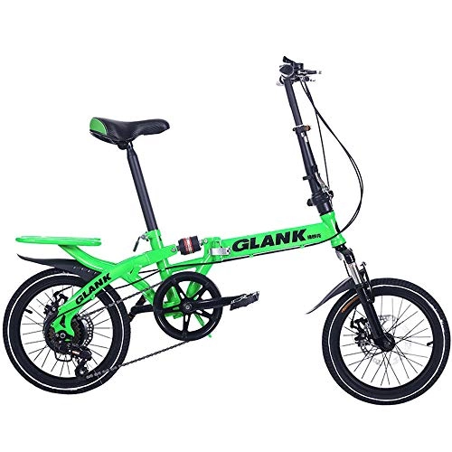 Folding Bike : Adult 14 / 16 Inch Folding 6-Stage Variable Speed Shock Absorption Dual Disc Brake Bicycle-Green_14