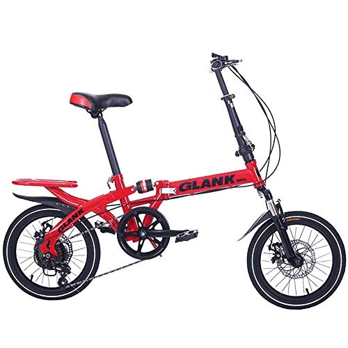 Folding Bike : Adult 14 / 16 Inch Folding 6-Stage Variable Speed Shock Absorption Dual Disc Brake Bicycle-red_16