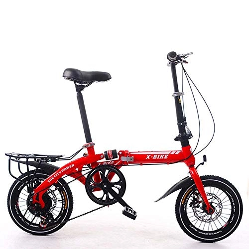 Folding Bike : Adult Folding Bicycle Lightweight Unisex Men City Bike 16-inch Wheels Aluminium Frame Ladies Shopper Bike With Adjustable Handlebar & Seat, 7 speed, disc brakes, Red, 16inches