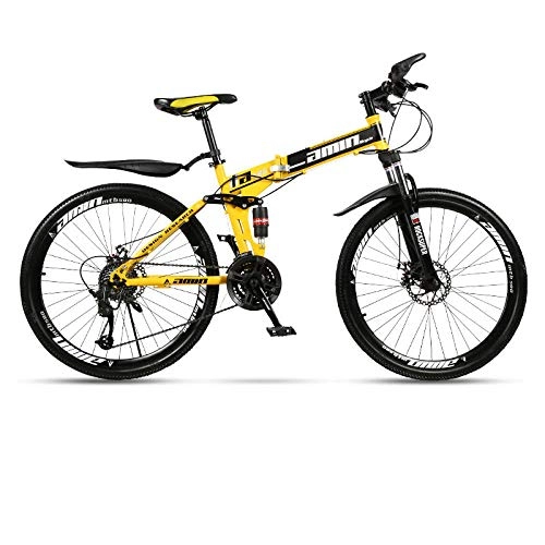 Folding Bike : Adult folding mountain bike, double shock absorption, high carbon steel frame, off-road variable speed bike, 24 inch 21 / 27 speed-Black and yellow_21 speed_24 inches