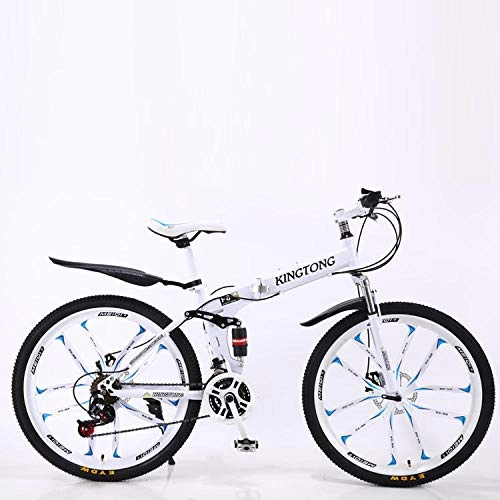 Folding Bike : Adult Folding Mountain Bikes, Road Bike, Road Bike Double Disc Brake Bikes, High Carbon Steel Frame Road Racing And Woman Man-27-Speed White Spoke Wheel_26 Inches