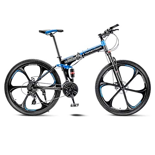 Folding Bike : Adult Mountain Bike, Full Suspension Folding Bicycle, 26 Inch Variable Speed Dual Disc Brakes Student Bike Portable Easy Install-21Speed-Blue A