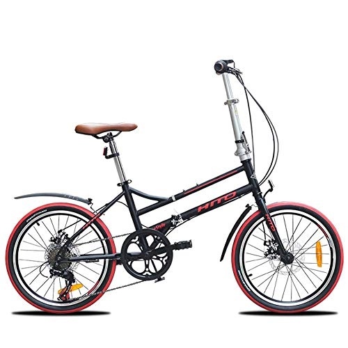Folding Bike : Adults Folding Bikes, 20 Inch 6 Speed Disc Brake Foldable Bicycle, Lightweight Portable Reinforced Frame Commuter Bike with Front and Rear Fenders Mountain Bikes
