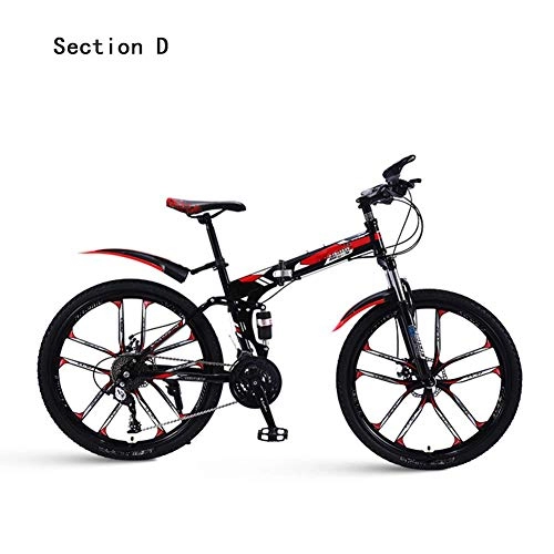 Folding Bike : AYHa Adults Mountain Bike, Dual Disc Brake 24 / 26 inch Foldable Road Bike High Carbon Steel 21 / 24 / 27 / 30 Speed Double Shock Absorption, Black red, D 26"21 Speed