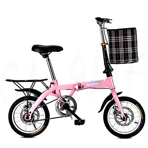 Folding Bike : BaiHogi Professional Racing Bike, 14 / 16 / 20 inch Folding Bike, student bicycles, front and rear disc brakes, single-speed wear-resistant wheels form a person (Color : Pink, Size : 14 inches)