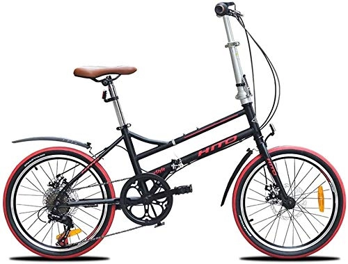 Folding Bike : Bicycle Adults Folding Bikes, 20 Inch 6 Speed Disc Brake Foldable Bicycle, Lightweight Portable Reinforced Frame Commuter Bike with Front and Rear Fenders (Color : Black)