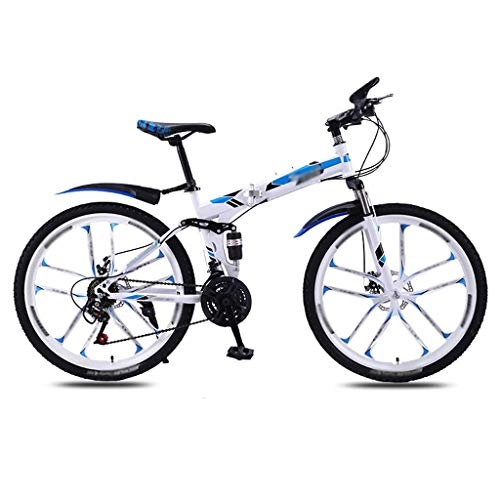 Folding Bike : Bicycle Folding Mountain Bike Bicycle Men's And Women's Adult Variable Speed Double Shock Absorber Adult Student Ultra-light Portable Off-road Bicycle 26 Inches foldable bicycle (Color : White blue)