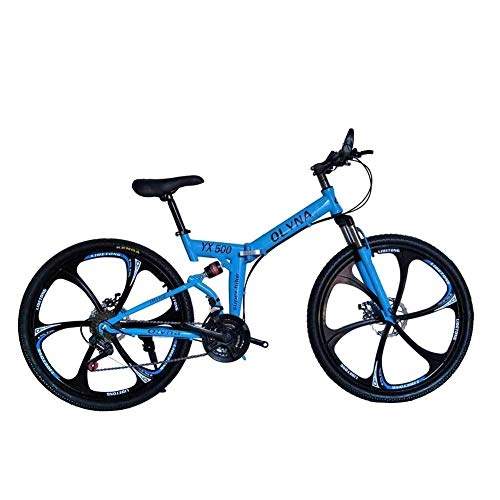 Folding Bike : Bicycle Mountain Bike 21 / 24 / 27 / 30 Speed Steel Frame 26 Inches 6-Spoke Wheels Dual Suspension Folding Bike, Blue, 21speed