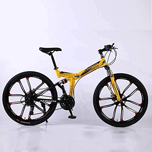 Folding Bike : Bicycle Mountain Bike, 21 Speed Dual Suspension Folding Bike, with 26 Inch 10-Spoke Wheels and Double Disc Brake, for Men and Woman, Yellow, 24speed