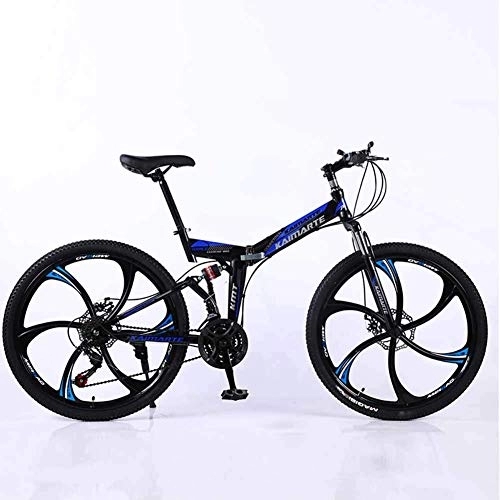 Folding Bike : Bicycle Mountain Bike, 21 Speed Dual Suspension Folding Bike, with 26 Inch 6-Spoke Wheels and Double Disc Brake, for Men and Woman, Blue, 24speed