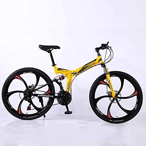 Folding Bike : Bicycle Mountain Bike, 21 Speed Dual Suspension Folding Bike, with 26 Inch 6-Spoke Wheels and Double Disc Brake, for Men and Woman, Yellow, 21speed