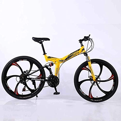 Folding Bike : Bicycle Mountain Bike, 21 Speed Dual Suspension Folding Bike, with 26 Inch 6-Spoke Wheels and Double Disc Brake, for Men and Woman, Yellow, 27speed