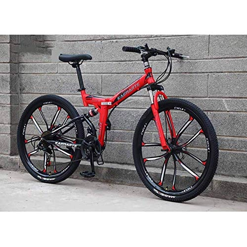 Folding Bike : Bicycle Mountain Bike, 24 Speed Dual Suspension Folding Bike, with 24 Inch 10-Spoke Wheels and Double Disc Brake, for Men and Woman, Red, 27speed