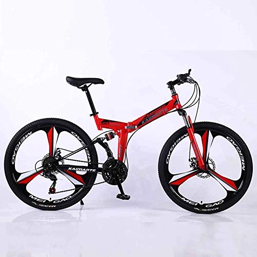 Folding Bike : Bicycle Mountain Bike, 24 Speed Dual Suspension Folding Bike, with 24 Inch 3-Spoke Wheels and Double Disc Brake, for Men and Woman, Red, 27speed