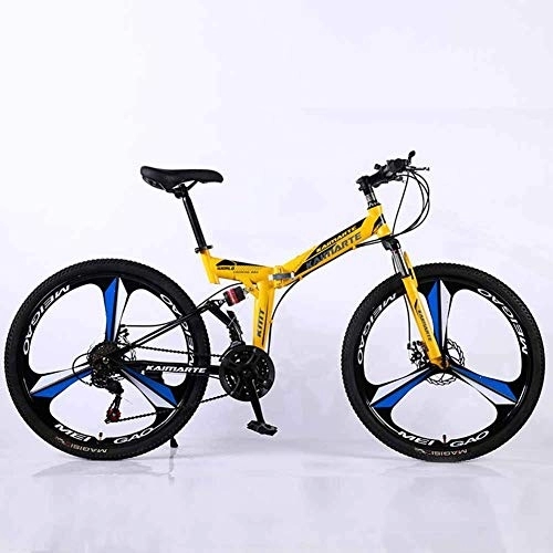 Folding Bike : Bicycle Mountain Bike, 24 Speed Dual Suspension Folding Bike, with 24 Inch 3-Spoke Wheels and Double Disc Brake, for Men and Woman, Yellow, 27speed