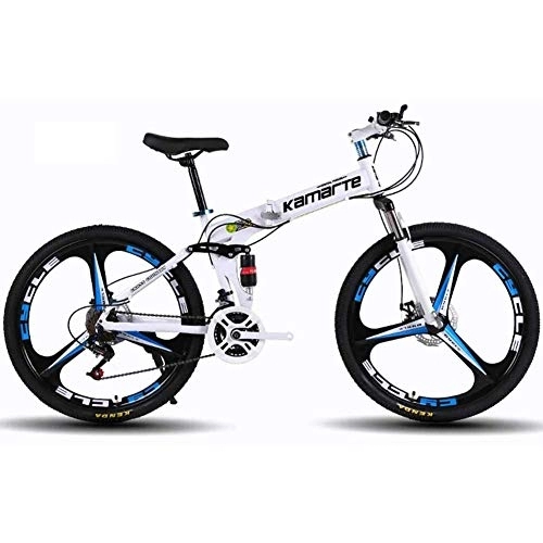 Folding Bike : Bicycle Unisex Mountain Bike, 24 Speed Dual Suspension Folding Bike, with 26 Inch 3-Spoke Wheels and Double Disc Brake, White, 27speed