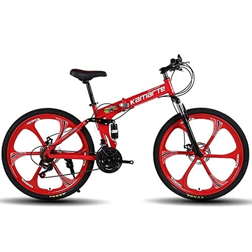 Folding Bike : Bicycle Unisex Mountain Bike, 24 Speed Dual Suspension Folding Bike, with 26 Inch 6-Spoke Wheels and Double Disc Brake, Red, 27speed