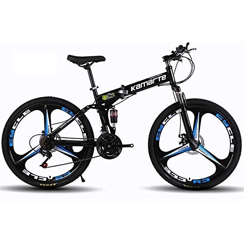 Folding Bike : Bicycle Unisex Mountain Bike, 27 Speed Dual Suspension Folding Bike, with 24 Inch 3-Spoke Wheels and Double Disc Brake, for Men and Woman, Black, 27speed