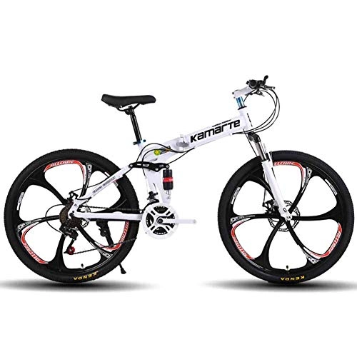 Folding Bike : Bicycle Unisex Mountain Bike, 27 Speed Dual Suspension Folding Bike, with 24 Inch 6-Spoke Wheels and Double Disc Brake, for Men and Woman, White, 24speed