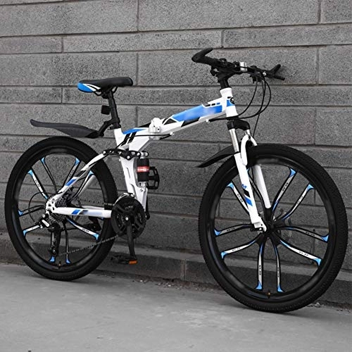 Folding Bike : Bidetu Mountain Bike Folding Bikes, 27-Speed Double Disc Brake Full Suspension Bicycle, 26 Inch Off-Road Variable Speed Bikes for Men And Women / blue