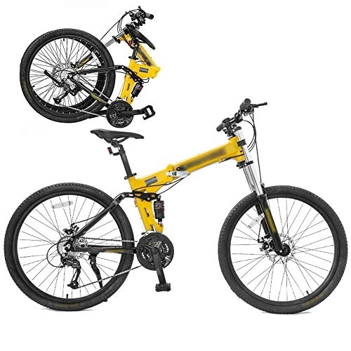 Folding Bike : Bidetu Off-road Mountain Bike, 26-inch Folding Shock-absorbing Bicycle with Double Disc Brake, Male And Female Adult Lady Bike, Foldable Commuter Bike - 27 Speed Gears / Yello